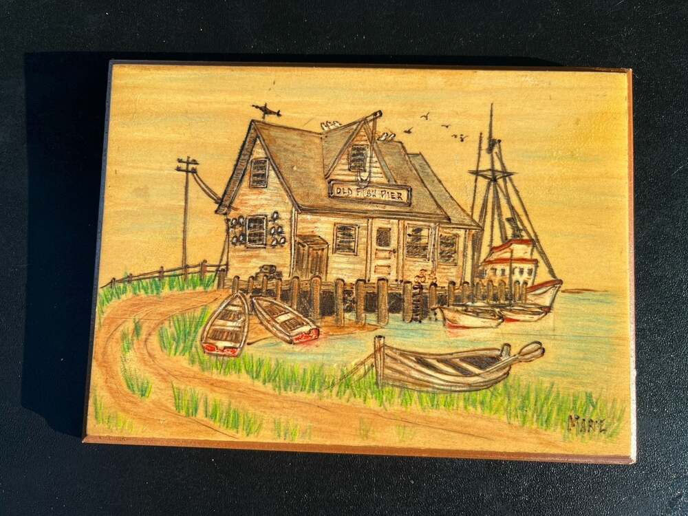 Old Fish Pier Hand-Painted Wood Wall Plaque, Signed by Artist